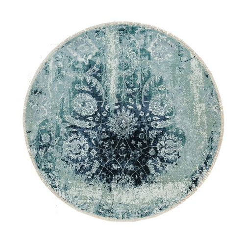 Sapphire Blue, Broken Persian Tabriz Erased Design, Round Hand Knotted Wool And Silk, Oriental Rug