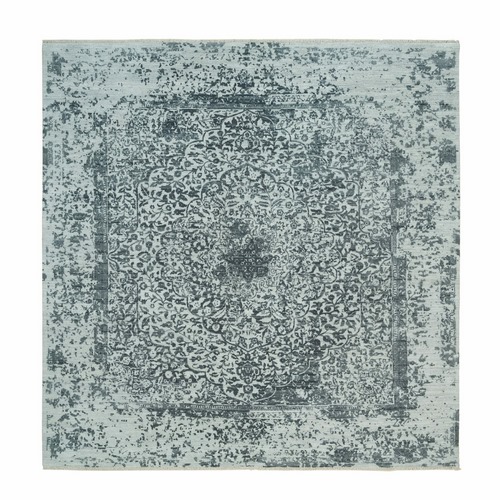 Misty and Nevada Gray, Square Wool And Silk, Broken Persian Design, Hand Knotted Oriental Rug