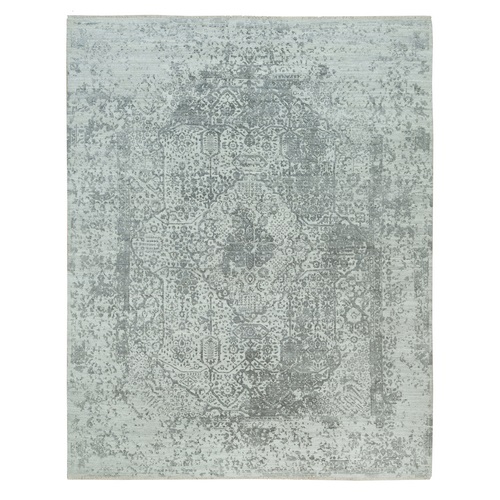 Pale Smoke and Trout Gray, Hand Knotted, Broken Wool and Silk Persian Design, Oriental Rug
