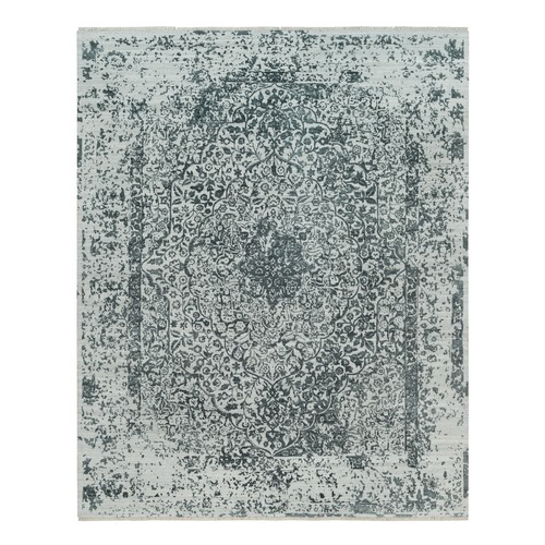 Ice Cube Gray, Broken Persian Hand Knotted Design, Wool And Silk, Oriental Rug