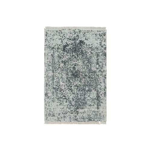 Ice Cube Gray, Broken Persian Hand Knotted Design, Wool And Silk, Mat Oriental Rug