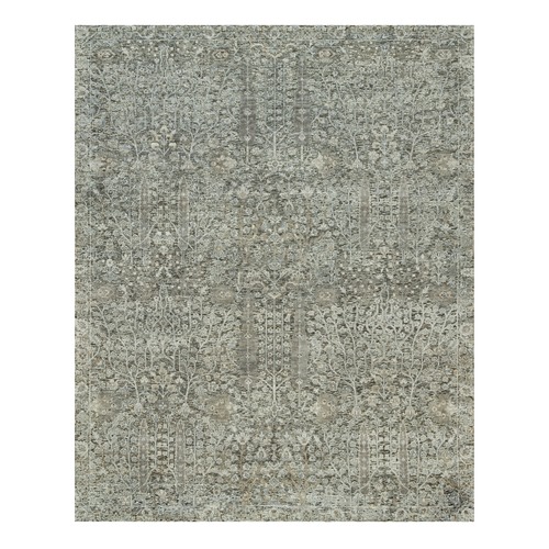 Laid Back Gray, Willow And Cypress Tree Design, Silk With Textured Wool, Hand Knotted, Oriental Rug