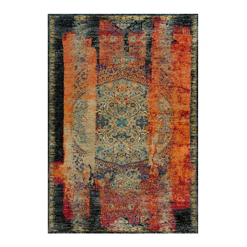 Dragon Fire Red and Eerie Black, Ghazni Wool Hand Knotted Ancient Ottoman Erased Design, Oriental Rug