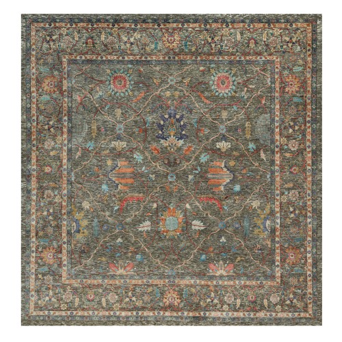 Chocolate Chip Brown, Striae Pattern Hand Knotted Persian Scrolls Leaf and Flower Design, Textured Wool and Silk, Oriental Square Rug