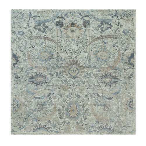 Delicate White, Sickle Leaf Hand Knotted Soft Pile Design, Silk With Textured Wool, Square Oriental Rug