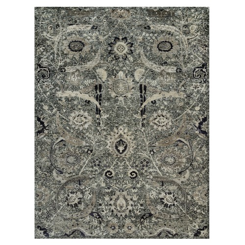 Roasted Cashew Brown, Wool and Silk Sickle Leaf Design with Accents of Black, Oriental Rug