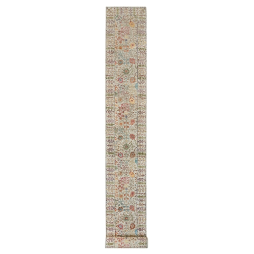 Gardenia Beige, Hand Knotted Directional Vase Design Silk with Textured Wool XL Runner Oriental Rug