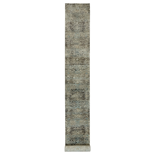 Cobblestone Gray, Hand Knotted Transitional Persian Influence Erased Medallion Design, Silk with Textured Wool, Oriental XL Runner Rug