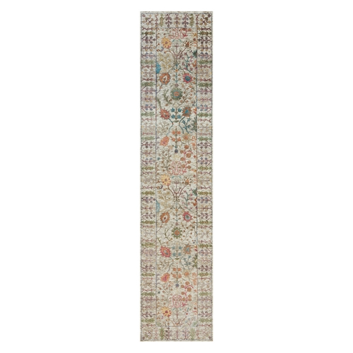 Cosmic Latte Beige, Textured Wool With Silk, Hand Knotted Directional Vase Design, Runner Oriental Rug