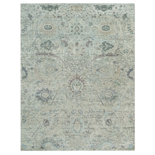 Sugar Swizzle White, Hand Knotted Sickle Leaf Design, Soft Pile Silk With Textured Wool, Oriental Rug