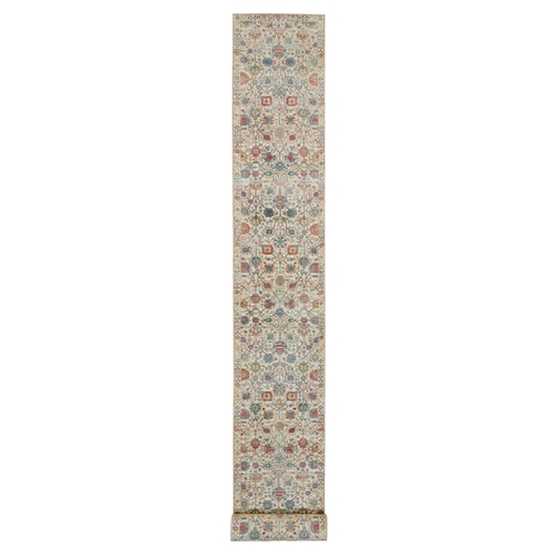 Eggnog Ivory, Hand Knotted Tabriz Vase with Flower Design, Silk with Textured Wool, Oriental XL Runner 