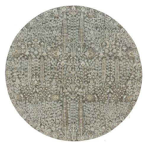 Shades On Gray, Willow And Cypress Tree Design Silk With Textured Wool Hand-Knotted Round Oriental Rug