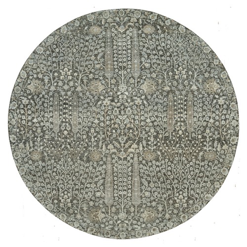 Falcon Gray, Textured Wool and Silk Hand Knotted Willow and Cypress Tree Design, Oriental Round Rug