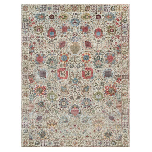 Ecru White, Tabriz Flower Vase Design, Textured Wool with Silk, Hand Knotted, Oriental Rug