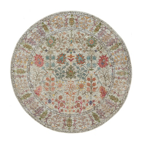 Parchment Beige, Directional Hand Knotted Vase Design, Silk With Textured Wool, Round Oriental Rug