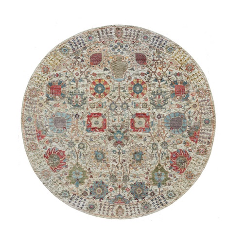 Porcelain White, Silk with Textured Wool, Hand Knotted, Tabriz Vase with Flower Design, Oriental Round Rug