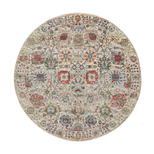 Arcadia White, Tabriz Vase Hand Knotted with Flower Design, Round Oriental Textured Wool and Silk Rug