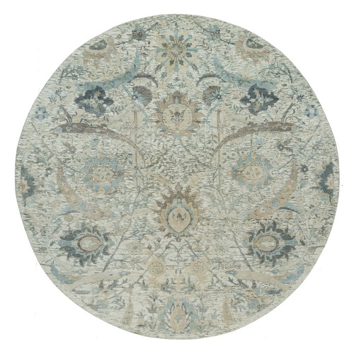 Marshmallow White, Sickle Hand Knotted Leaf Design, Silk with Textured Wool, Soft Pile  Oriental Round Rug