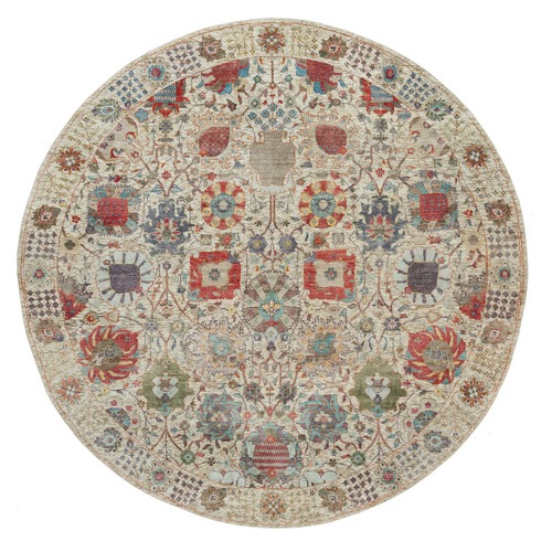 Old Lace White, Hand Knotted Silk and Textured Wool, Flower Vase Design Tabriz Oriental Round Rug