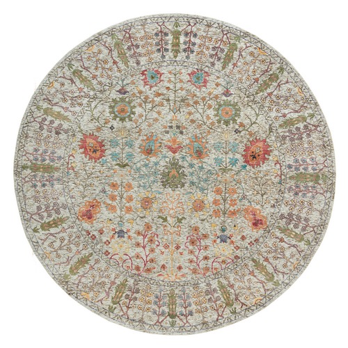 Mesa Beige, Directional Vase Design, Textured Wool and Silk Hand Knotted, Oriental Round Rug