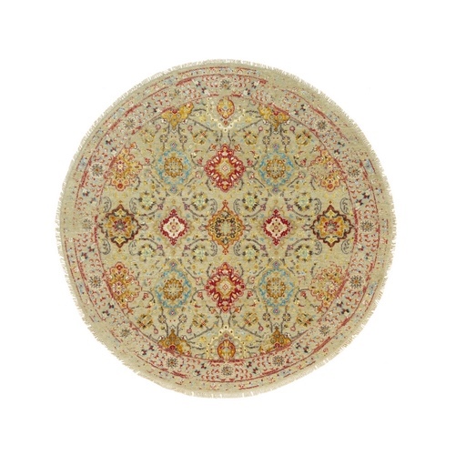 Sandcastle Beige, The Sunset Rosettes with Soft Colors, Wool and Silk, Hand Knotted, Round Oriental Rug