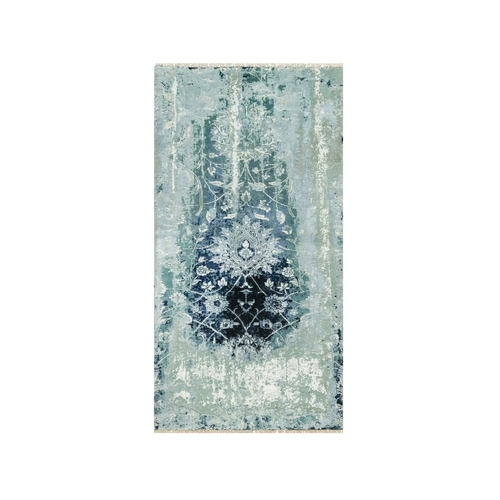 Turquoise Blue, Wool and Silk, Persian Tabriz Design, Hand Knotted Broken and Erased, Runner Oriental Rug