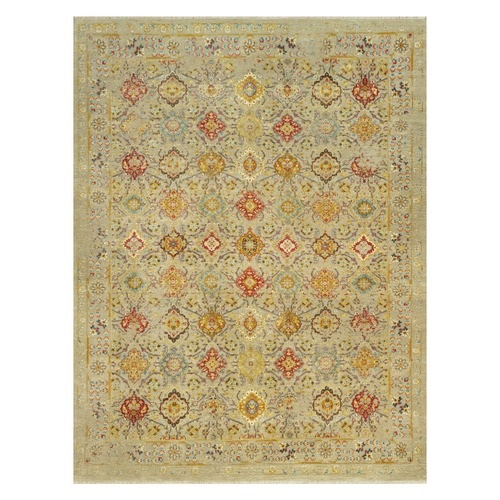 Travertine Beige, Wool and Silk, Hand Knotted, The Sunset Rosettes with Soft Colors, Oriental Rug