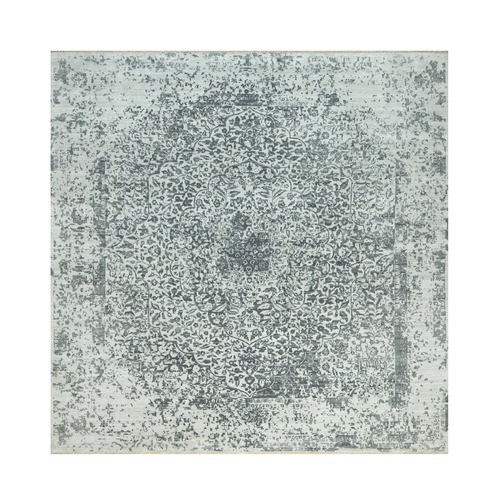 Sea Salt Gray With Touches Of Foggy Day Gray, Hand Knotted , Broken and Erased Wool and Silk Persian Design, Oriental Square Rug