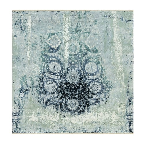 Tiffeny Blue, Hand Knotted Broken and Erased, Persian Tabriz Design, Wool and Silk, Square Oriental Rug