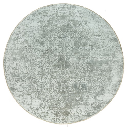 Pale Smoke Gray, Persian Design, Soft to Touch, Denser Weave, Hand Knotted, Wool and Silk, Round Oriental Rug