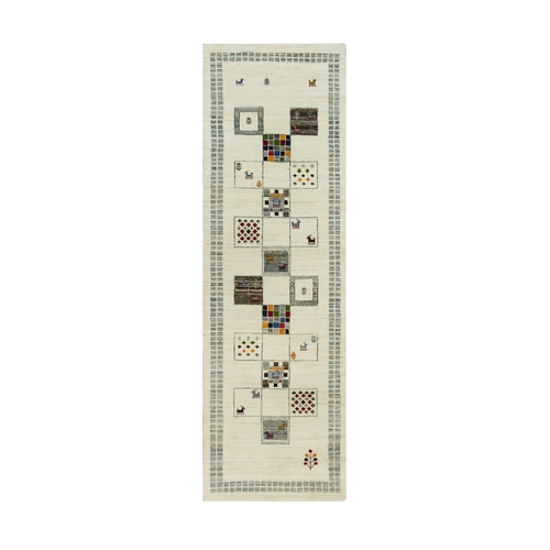Floral White and Small Animal Figurines, Thick and Plush, 100% Wool, Hand Knotted, Lori Buft Gabbeh, Soft Pile Runner Oriental Rug 