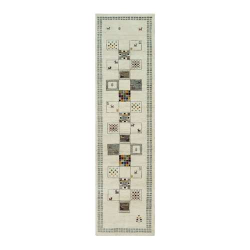 Island Spice White, Thick and Plush Soft Pile, Extra Soft Wool, Lori Buft Gabbeh with Small Animal Figurines, Hand Knotted, Oriental Runner Rug