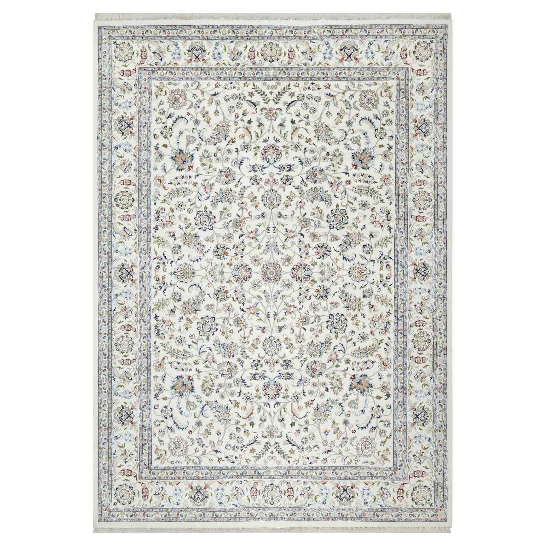 Vivid White, Wool and Silk, Nain All Over Floral Design, Hand Knotted ...