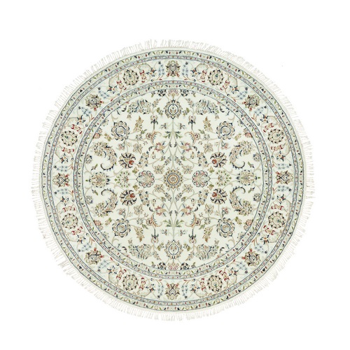 Spun Cotton White, Hand Knotted Nain Soft Wool, All Over Flower Pattern, 250 KPSI, Oriental Round Rug