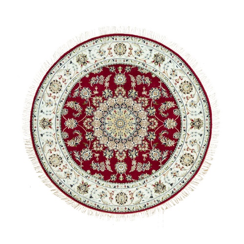Maroon Red, Burgundy Red, 100% Wool, Hand Knotted, Nain with All Over Flower Design Densely Woven, 250 KPSI, Round Oriental Rug