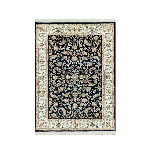Hale Navy Blue With Intense White, 100% Wool Nain With All Over Flower Design, 250 KPSI, Densely Woven, Hand Knotted, Oriental Rug