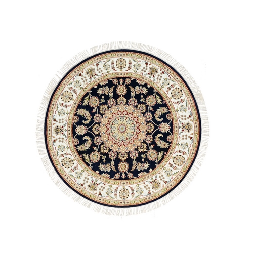 Ombre Blue, 250 KPSI Hand Knotted Pure Wool, Nain Central Medallion Surrounded By Floral Patterns, Oriental Round Rug