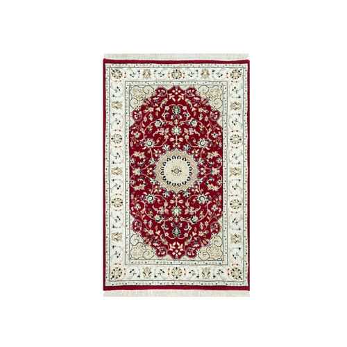 Sun Dried Tomato Red, Extra Soft Wool Nain With Large Central Medallion Floral Design, 250 KPSI Hand Knotted Oriental Rug