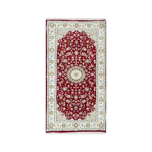 Burnt Peanut Red, 250 KPSI, Nain with Center Medallion Flower Design, Densely Woven Natural Wool, Hand Knotted, Oriental Runner Rug