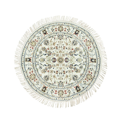 Silky White, Nain Velvety and Soft Wool, 250 KPSI, Hand Knotted All Over Flower Design, Round Oriental Rug