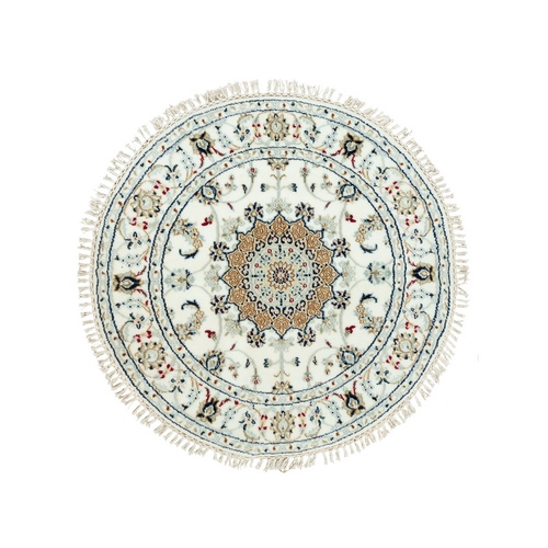 Ice White, Hand Knotted 250 KPSI, Nain With Center Medallion Floral Pattern, Pure Wool, Denser Weave Oriental Round Rug