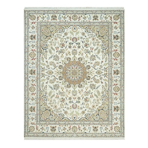 Glacier White, Atrium White Corners, Nain Densely Woven Central Medallion Floral Pattern, Velvety Wool, Hand Knotted 250 KPSI, Oriental Rug