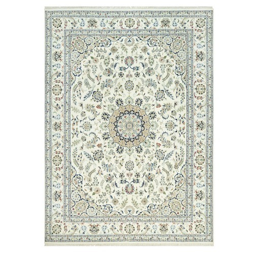 Atrium White, Shiny Soft Wool, 250 KPSI, Hand Knotted Denser Weave, Nain Central Medallion With Floral Motifs, Oriental Rug