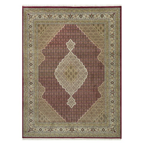 Rasberry Red With Super White, Hand Knotted Tabriz Mahi, Denser Weave Fish Medallion Design, Extra Soft Wool, Oriental Rug