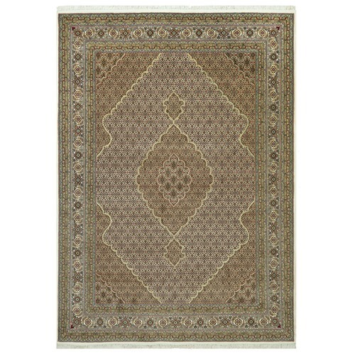 Chantilly Lace Ivory, Densely Woven Hand Knotted Tabriz Mahi Fish Medallion Design, Natural Wool Oriental Rug