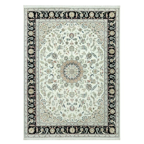 Snowbound White and Naval Blue, Hand Knotted Densely Woven Nain 250 KPSI Center Medallion Flower Design, 100% Wool, Oriental Rug 