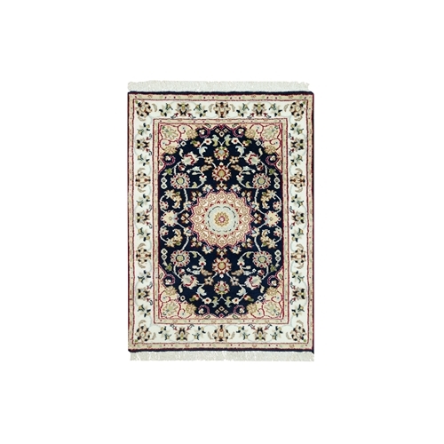 Hague Blue, Extra Soft Wool, Hand Knotted, 250 KPSI, Nain with Center Medallion Flower Design, Mat Oriental Rug