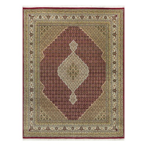Luxurious Red, Eider White Border, Tabriz Mahi With Fish Medallion Design, Soft Wool, Hand Knotted Densely Woven Oriental Rug