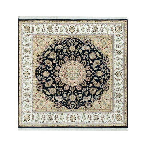Broncos Blue With Dove White, Nain Central Medallion Flower Design, 250 KPSI, Soft Wool, Hand Knotted, Oriental Square Rug