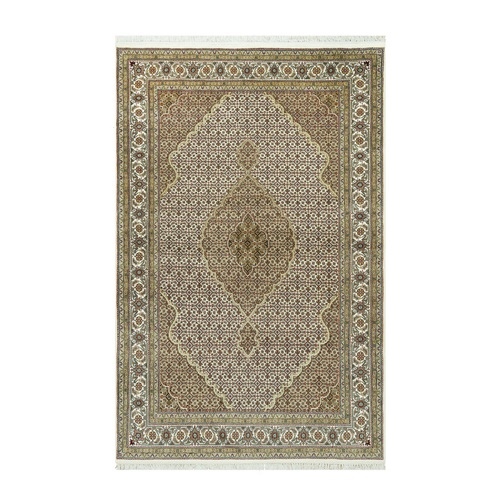 Silky White, Densely Woven Center Large Fish Medallion Tabriz Mahi Design, High Quality Wool, Hand Knotted, Oriental Rug